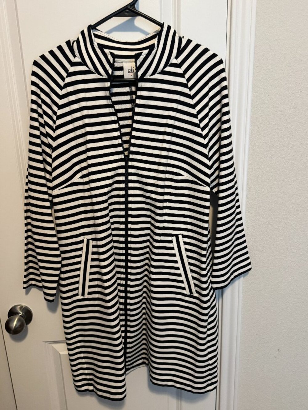 CAbi Medium Byline Jacket black/white striped full front zip 3/4 sleeves